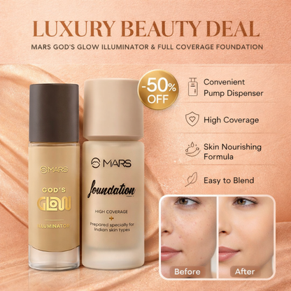 Flawless Glow Duo | MARS God’s Glow Illuminator + Full Coverage Foundation | All-Day Hydration & Glowy Finish