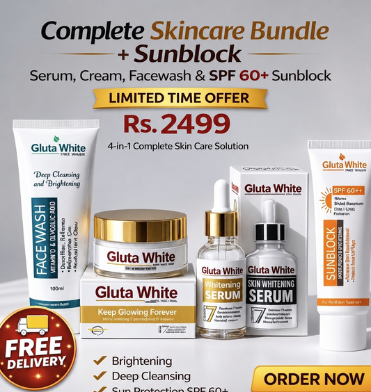 Gluta White Complete Skincare Bundle + SPF 60+ Sunblock | Face Wash, Whitening Serum & Brightening Cream (4-in-1 Set)