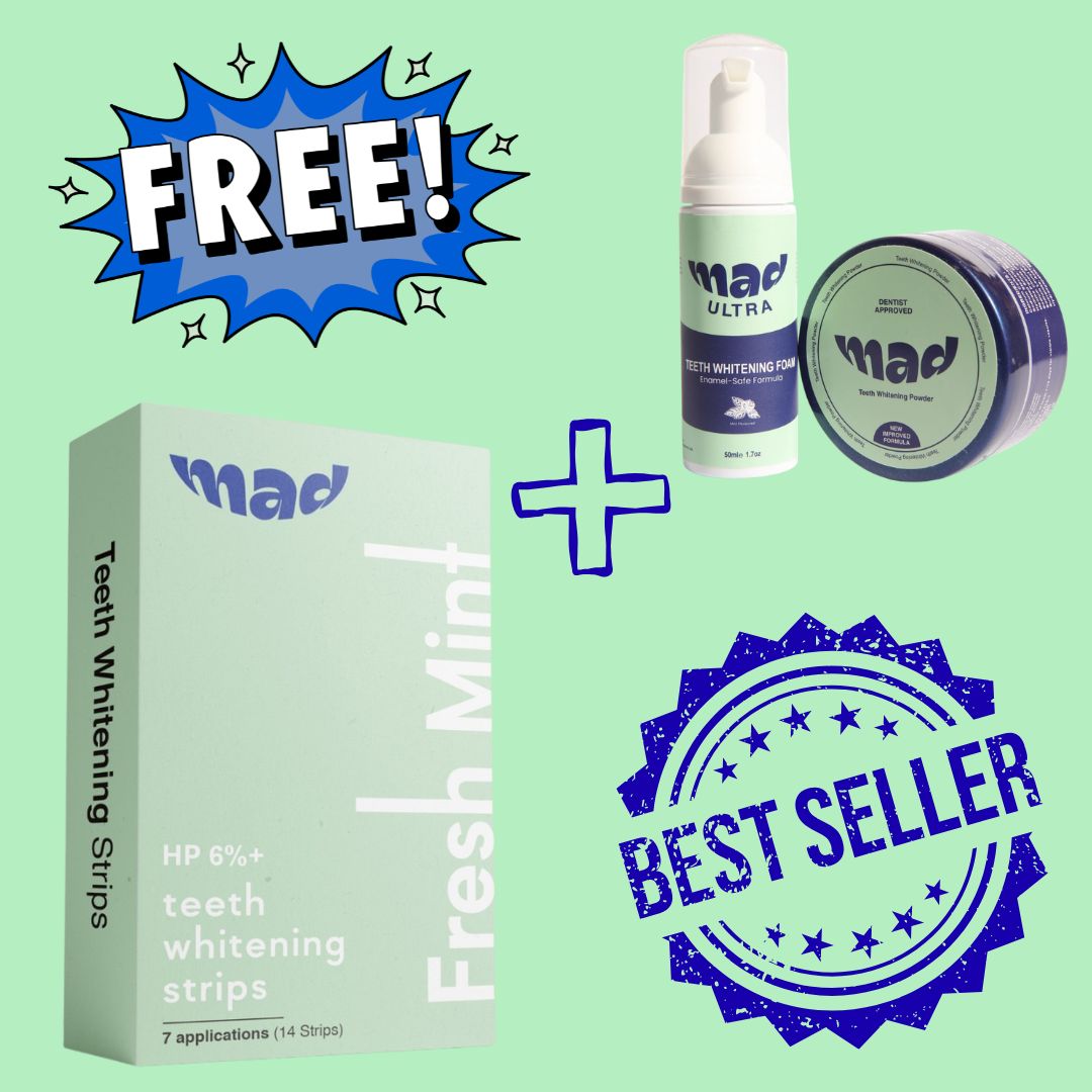 MAD Dental Pro White Strips + FREE MAD Teeth Whitening Foam AND MAD Teeth Whitening Powder (BEST SELLER))