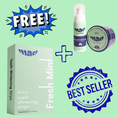 MAD Dental Pro White Strips + FREE MAD Teeth Whitening Foam AND MAD Teeth Whitening Powder (BEST SELLER))